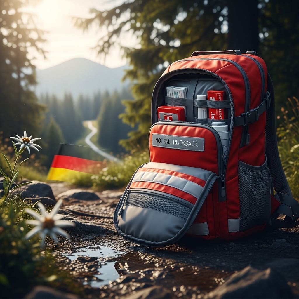 Notfallrucksack mit Erste-Hilfe-Ausrüstung am Wasserfall