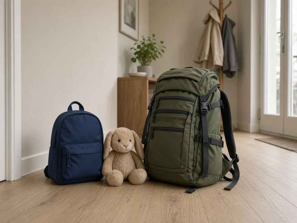 Kinderrucksack neben dem Notgepäck der Eltern im Flur