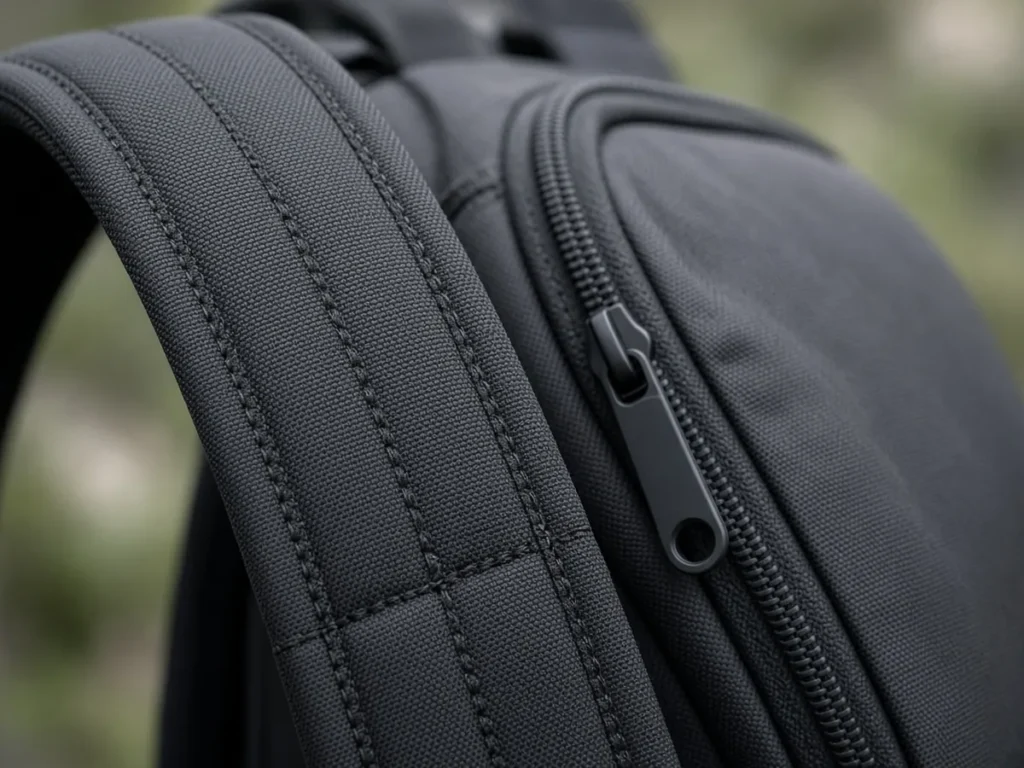 Nahaufnahme von Naht, Reißverschluss und Träger eines Rucksacks