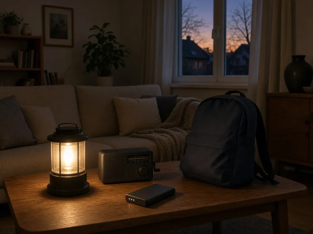 Laterne, Radio und Powerbank im Wohnzimmer bei Stromausfall