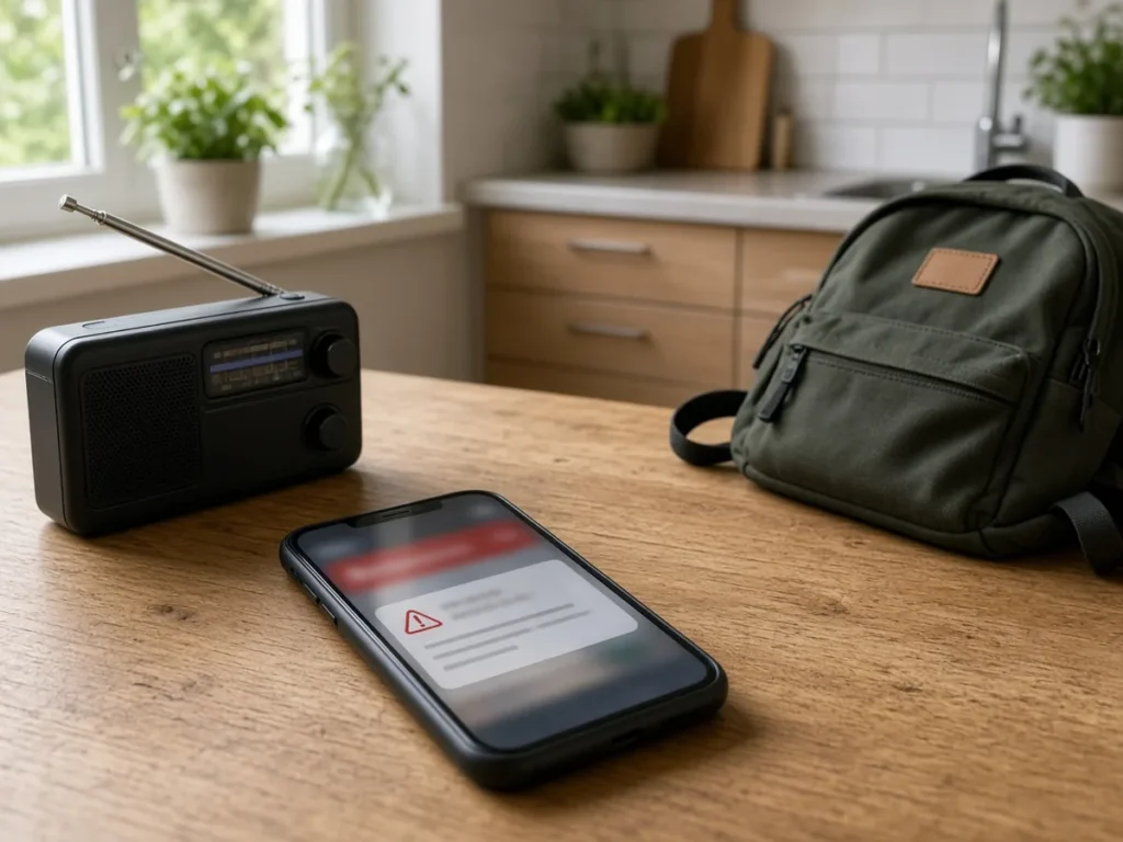 Smartphone, Radio und Notgepäck für Warnmeldungen bereitgelegt