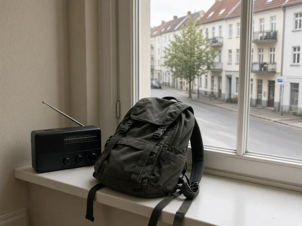 Batterieradio und Notgepäck am Fenster einer Wohnung