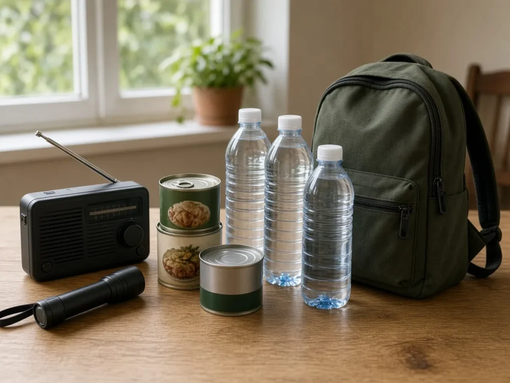 Empfohlenes Notfallset mit Wasser, Vorrat, Radio und Rucksack