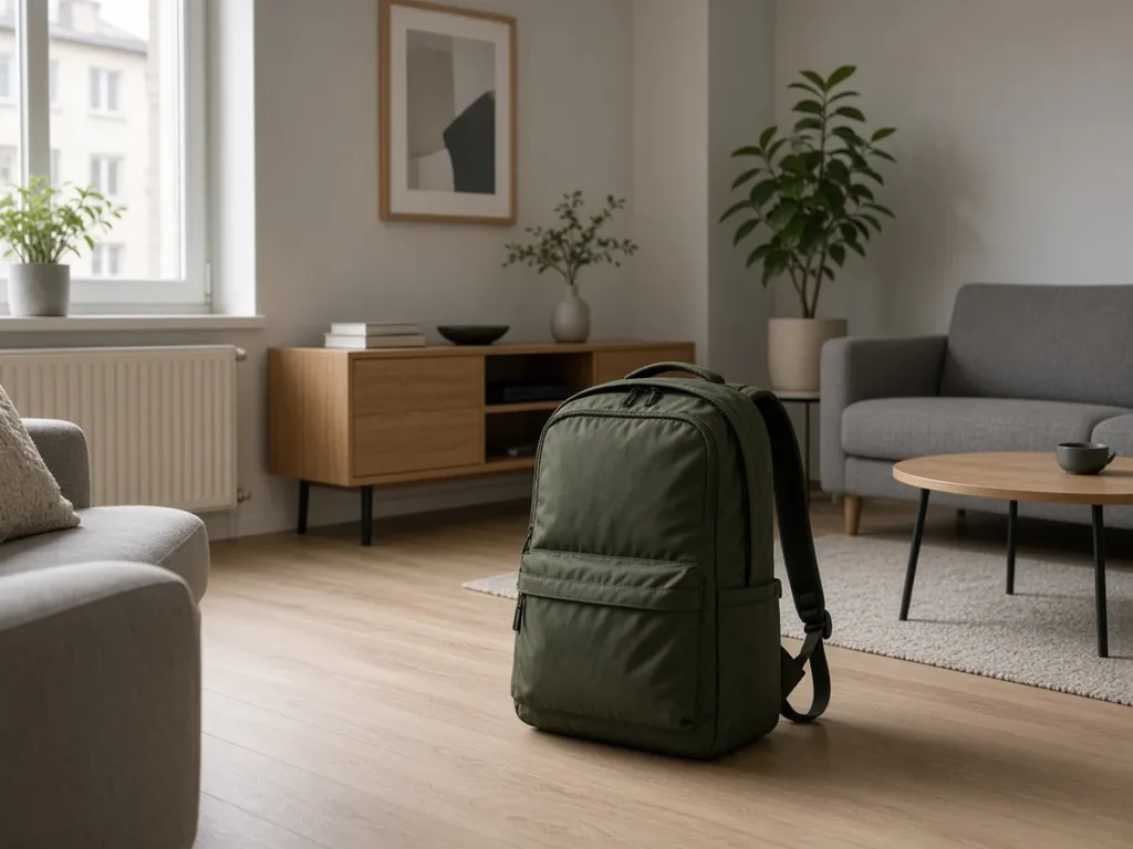 Ziviles Notgepäck im Wohnzimmer als private Vorsorge