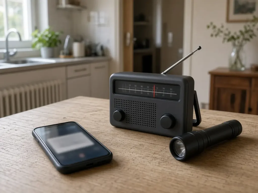 Smartphone, Radio und Taschenlampe für Warnmeldungen auf dem Küchentisch